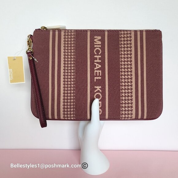 MICHAEL KORS Jet Set Signature Jacquard Large Zip Pouch Wristlet- Dark Berry ⭐ - Picture 6 of 16